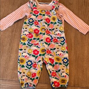 Mini Boden Multicolor Floral Overalls with Pink Striped Tee